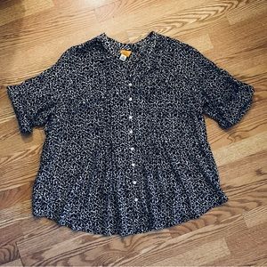 Ruby Rd Black & White Pattern Button Down Shirt Roll-Tab Sleeves Size 2X